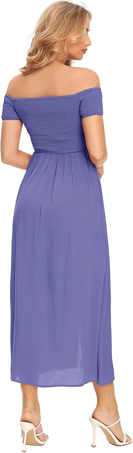 Floerns Women's Boho Floral Print Off Shoulder Split Long A Line Dress