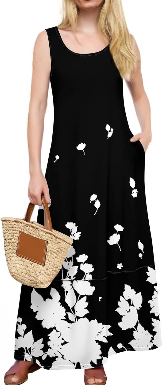 Womens Summer Tank Dress Vacation Boho Floral Long Dresses with Pockets Resort Wear Swing Beach Sleeveless Sundress