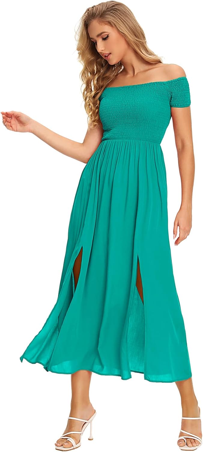 Floerns Women's Boho Floral Print Off Shoulder Split Long A Line Dress
