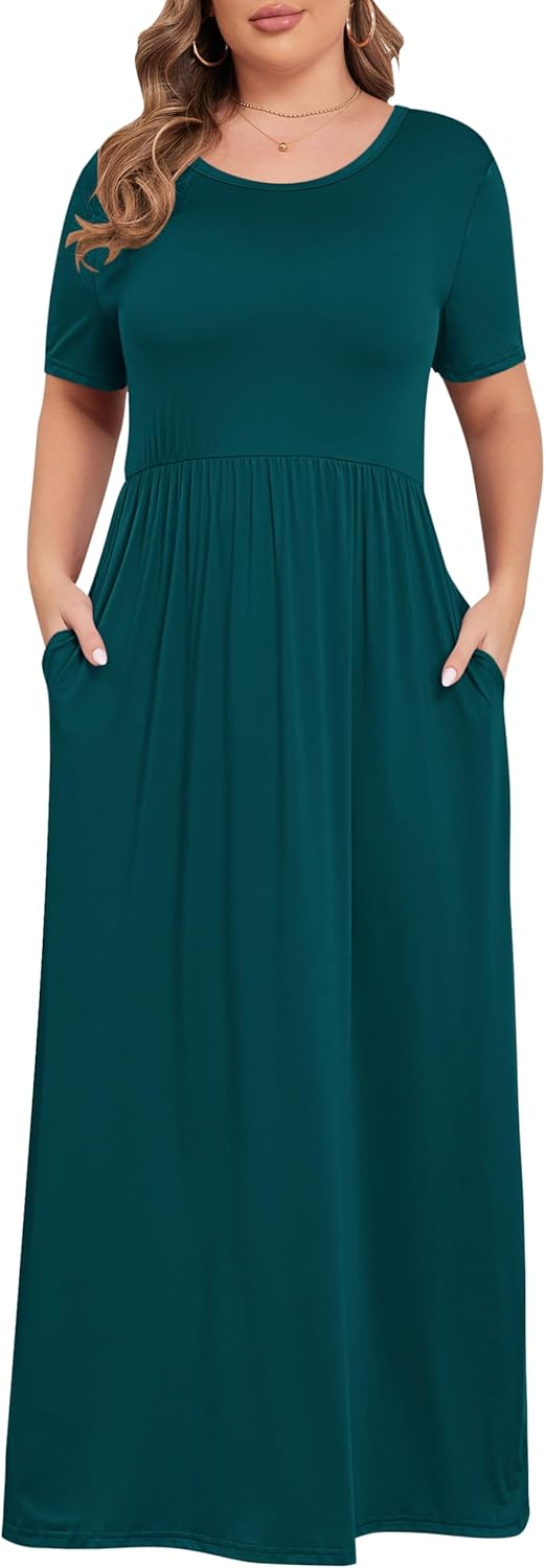 KARALIN Women’s Plus Size Maxi Dresses for Curvy Women Summer Casual Short Sleeve 2025 Long Dress 14W-26W