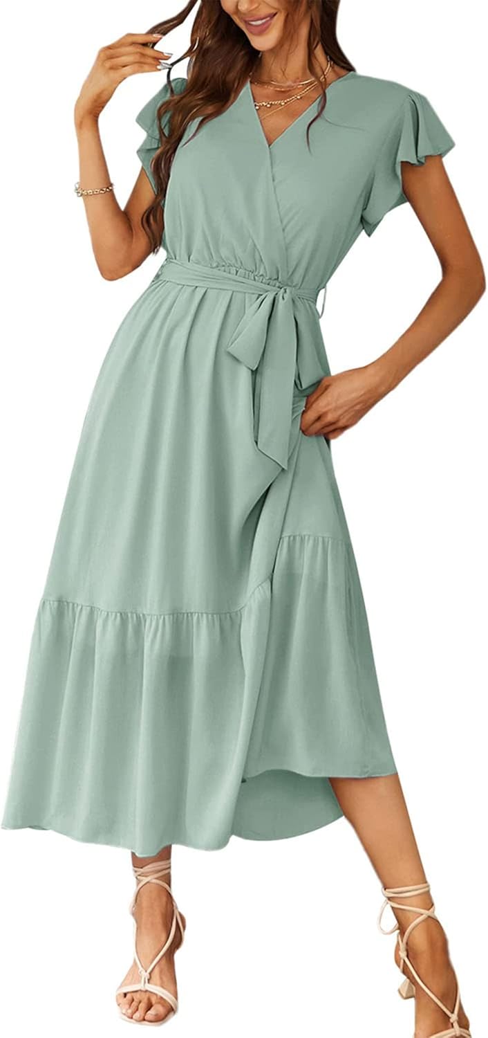 PRETTYGARDEN Women's Summer Floral Boho Dress Wrap V Neck Short Sleeve Ruffle A-Line Flowy Maxi Wedding Guest Dresses