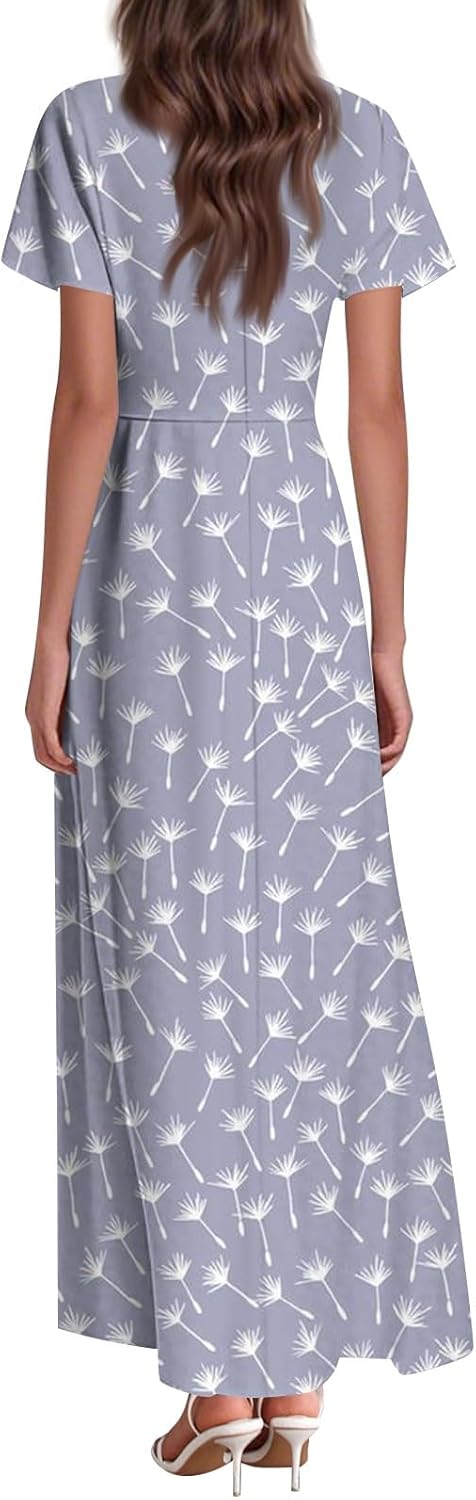 Womens Fashion V Neck Ruffle Short Sleeve Maxi Dress 2025 Summer Elegant Solid Color Flowy A Line Dresses