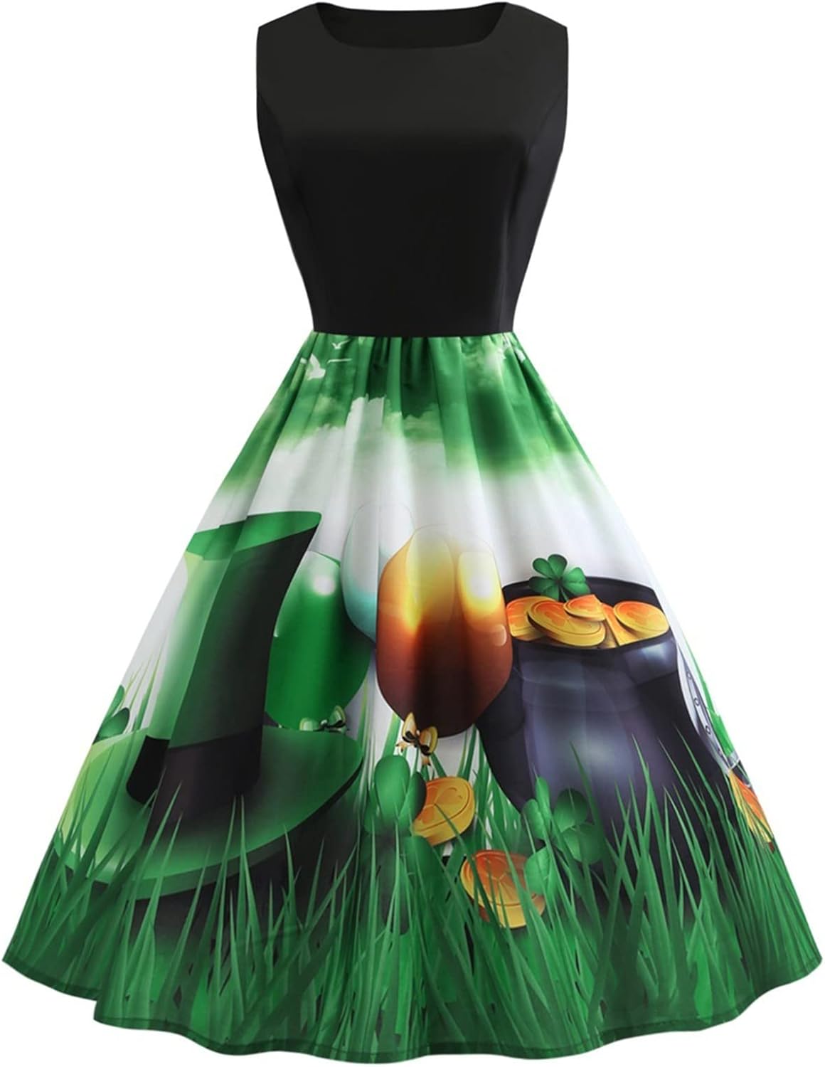 aihihe St Patricks Day Dress for Women A Line Pleated Hepburn Dress Lukcy Shamrock Print Irish Dress 2024 Vintage Dress