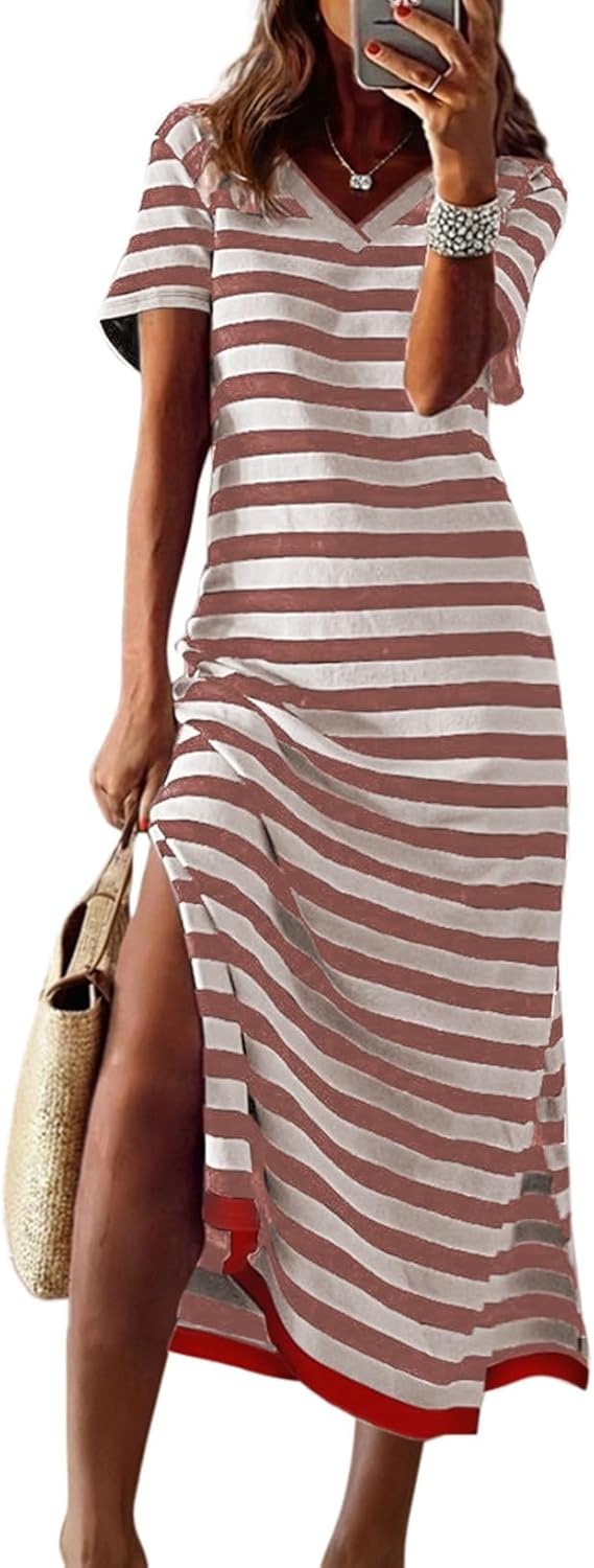 Dokotoo Summer Dress Casual Womens Fashion Short Sleeve Maxi Dress T Shirt Dress Striped Long Color Block Maxi Dress