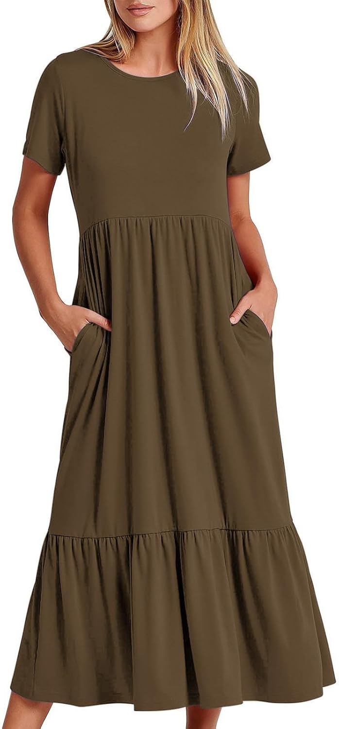 XUNRYAN Summer Dresses for Women 2024 Casual Calf Length Maxi Dress Pleated Flowy Tiered Swing Beach Sundress with Pockets