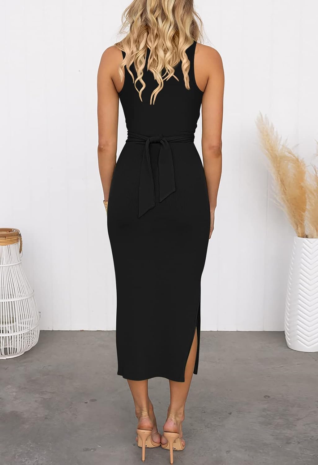 HUUSA Women's Sexy Sleeveless Cut Out Slim Bodycon Dress Crewneck Crisscross Twist Ruched Slit Ribbed Knit Tank Midi Dress