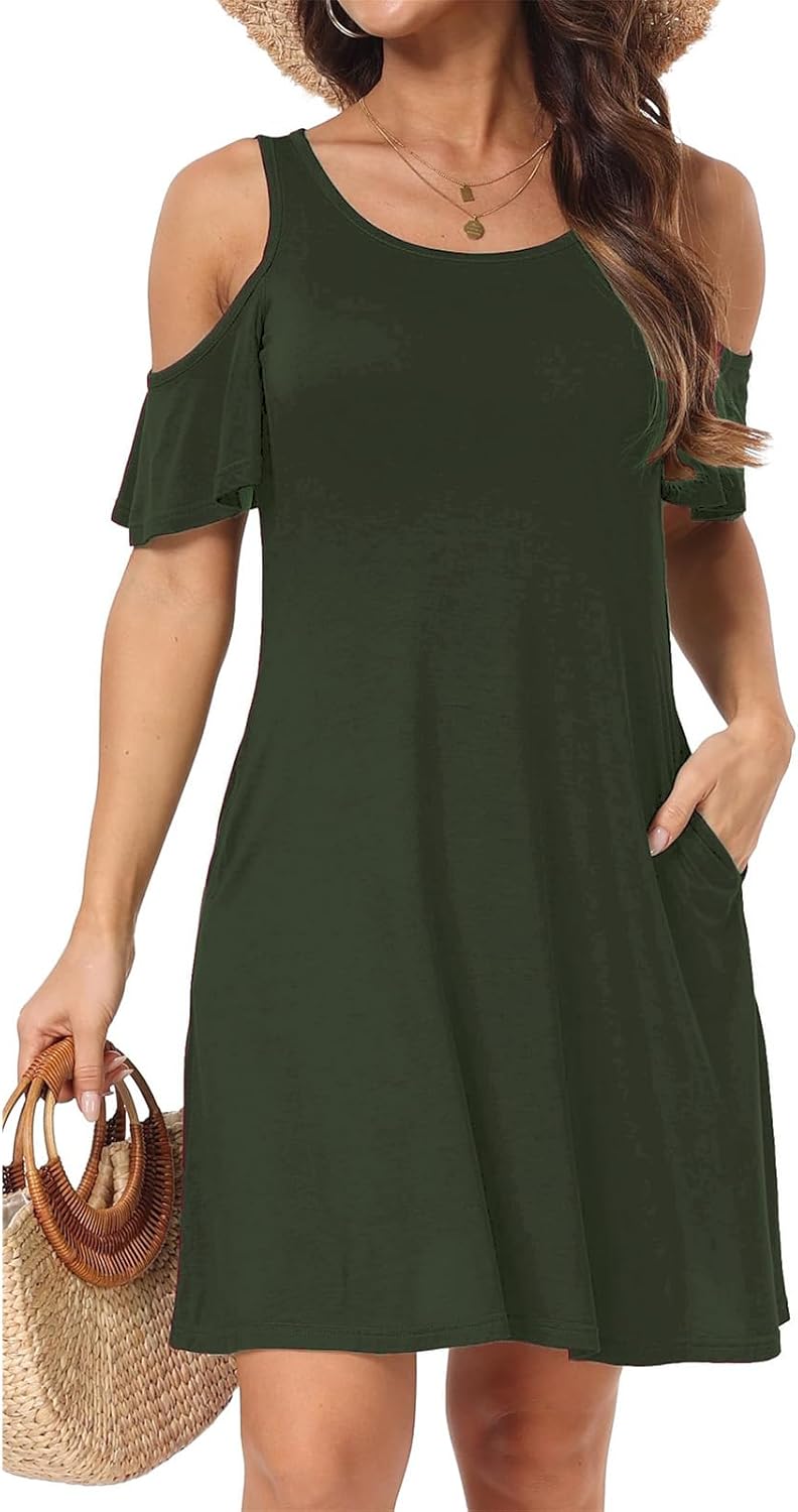 Short/Long Sleeve Women's Plus Size Sun Dresses Cold Shoulder Dress with Pockets Casual Swing T-Shirt Dresses
