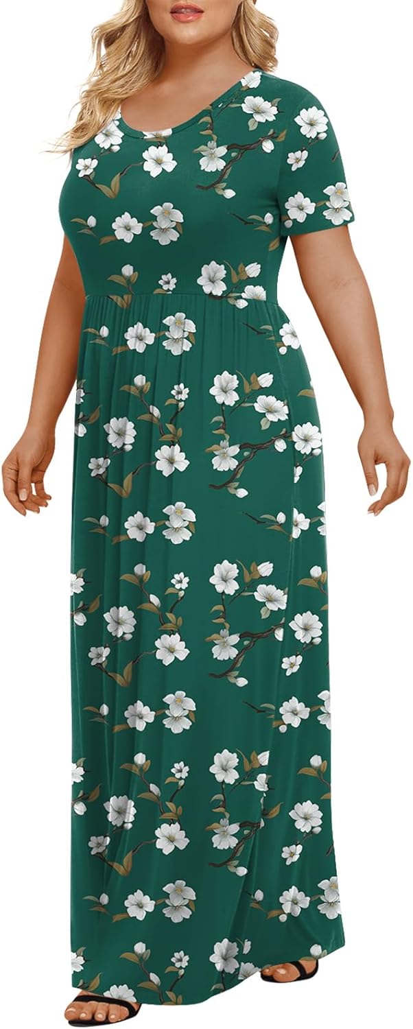 LONGYUAN Women's Plus Size Maxi Dresses for Curvy Women Summer Short Sleeve Casual 2025 Long Dress XL-6XL