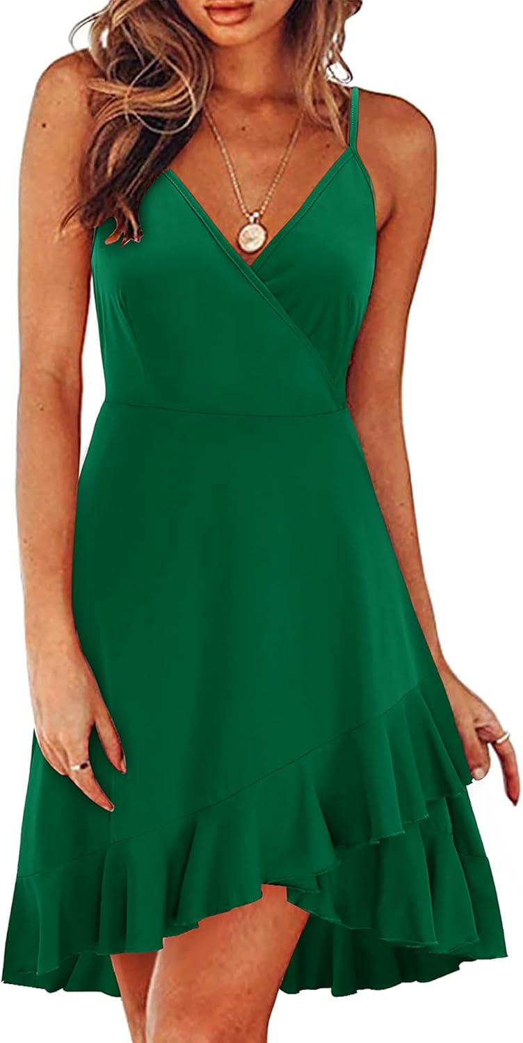 ULTRANICE Womens Summer Dresses Floral V Neck Ruffled Hem Spaghetti Spring Casual Beach Outfits Flowy Wrap Sun Dress