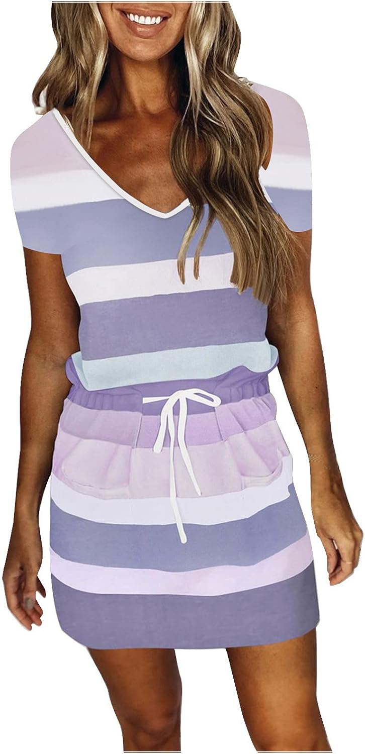 Women Summer Casual Striped Dress Drawstring Waist Tie Knot Mini Dresses Short Sleeve V Neck Tank Dress with Pocket