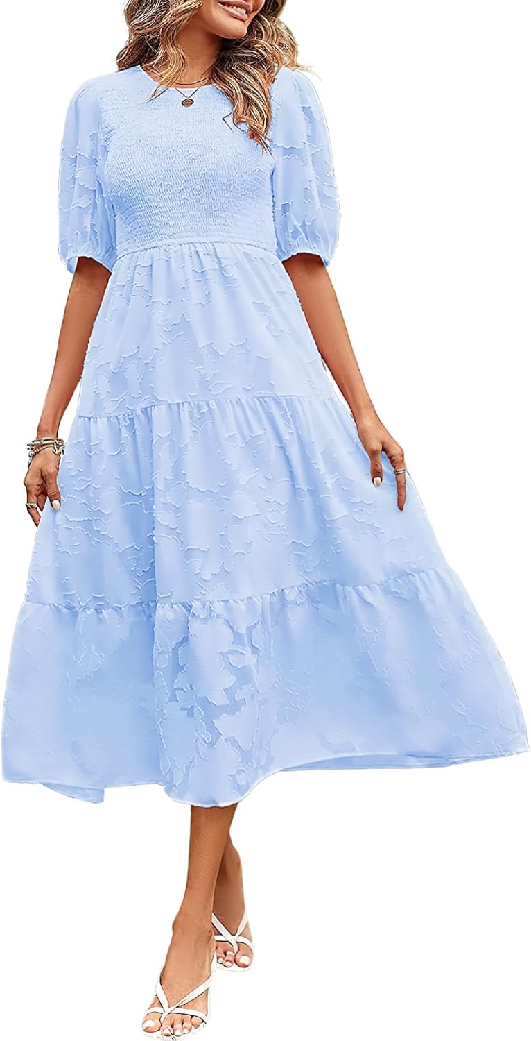 ebossy Women's Casual Smocked Lace Party Dress Puff Sleeve A-line Flowy Tiered Jacquard Midi Dress