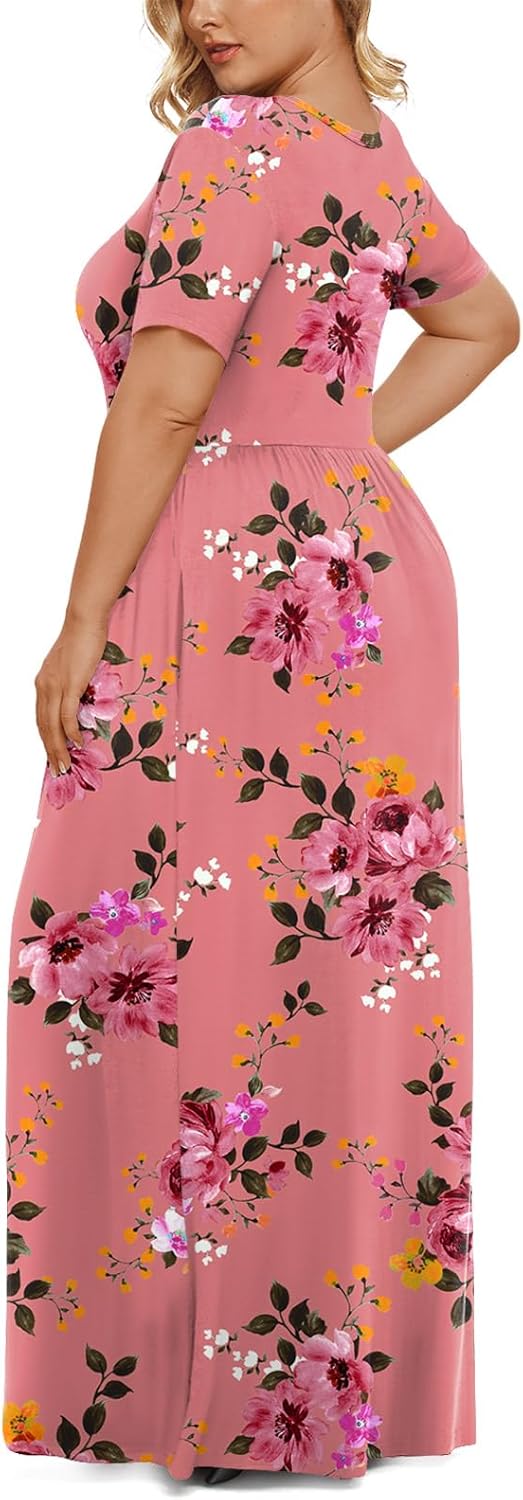 LONGYUAN Women's Plus Size Maxi Dresses for Curvy Women Summer Short Sleeve Casual 2025 Long Dress XL-6XL