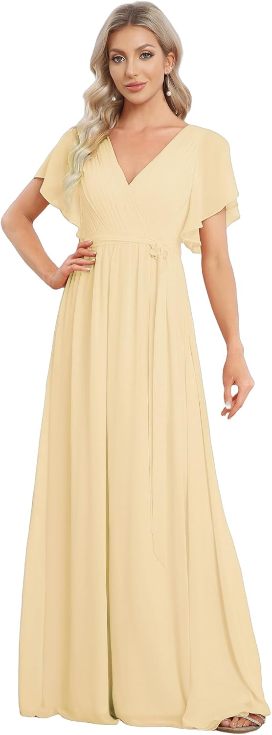 Ever-Pretty Women's Bridesmaid Dress V-Neck Ruffle Sleeves Ruched Bust Floor Length Chiffon Formal Dresses 0164A