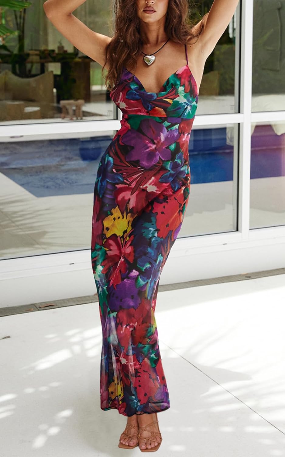 PRETTYGARDEN Women's 2025 Summer Floral Spaghetti Strap Maxi Dress Stretch Sexy Bodycon Dress Backless Slip Long Dresses