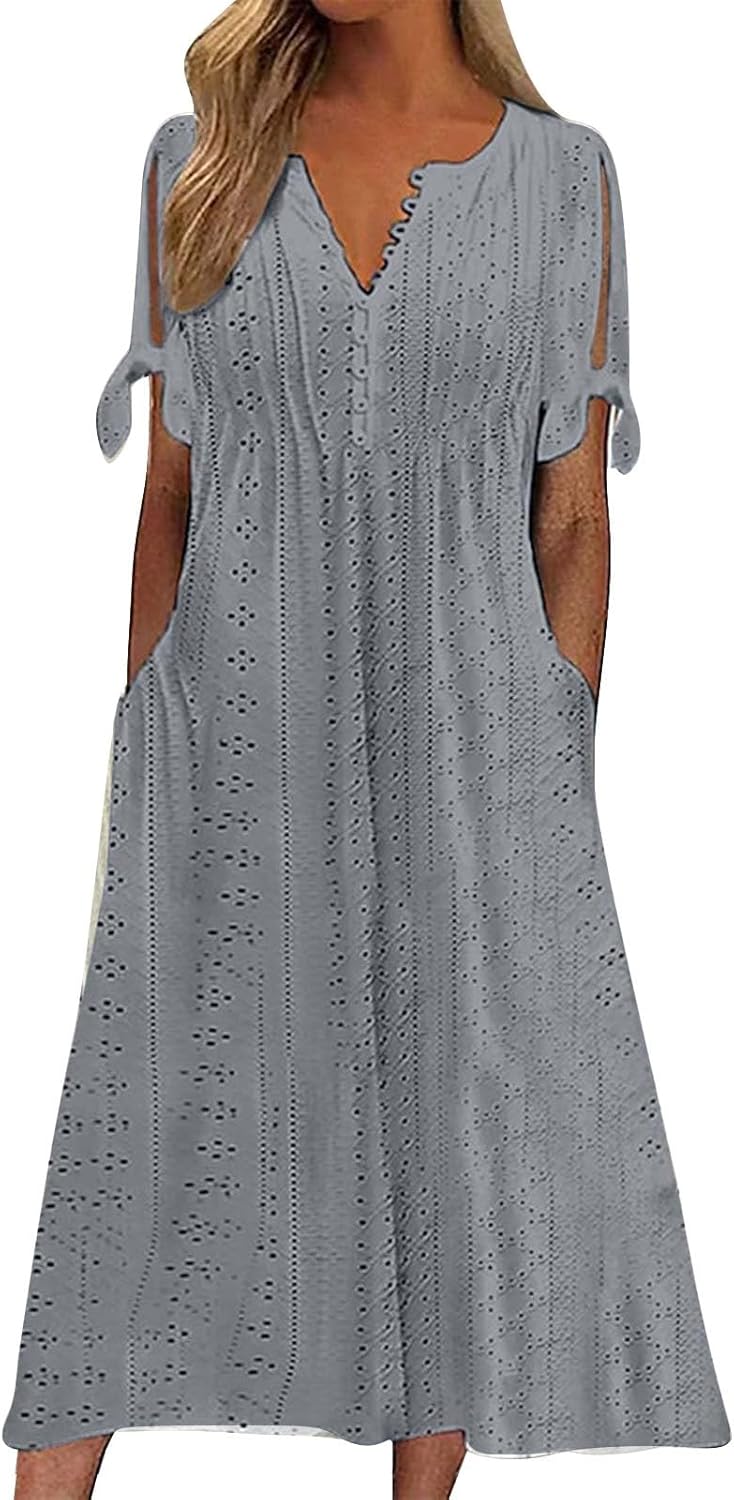 ZYXTIM Womens Eyelet Dress V Neck Short Sleeve Hollow Out Summer Beach Vacation Dresses Swing A Line Vintage Long Dresses