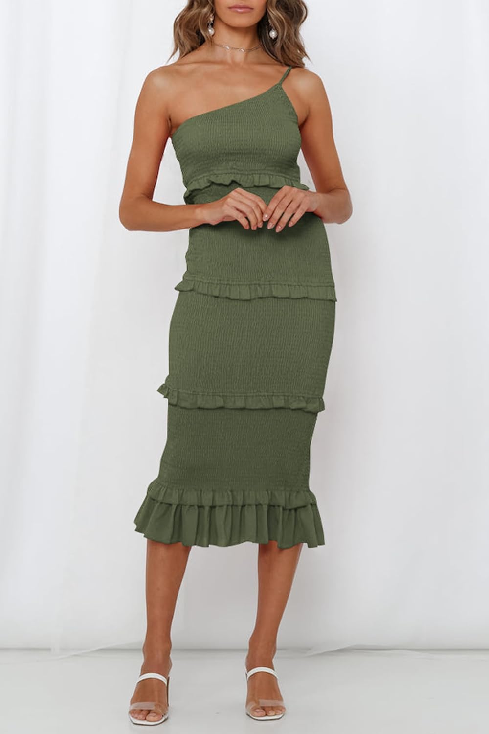 PRETTYGARDEN Women's Summer Midi Bodycon Dresses One Shoulder Strappy Tiered Ruffle Floral Boho Sun Dress