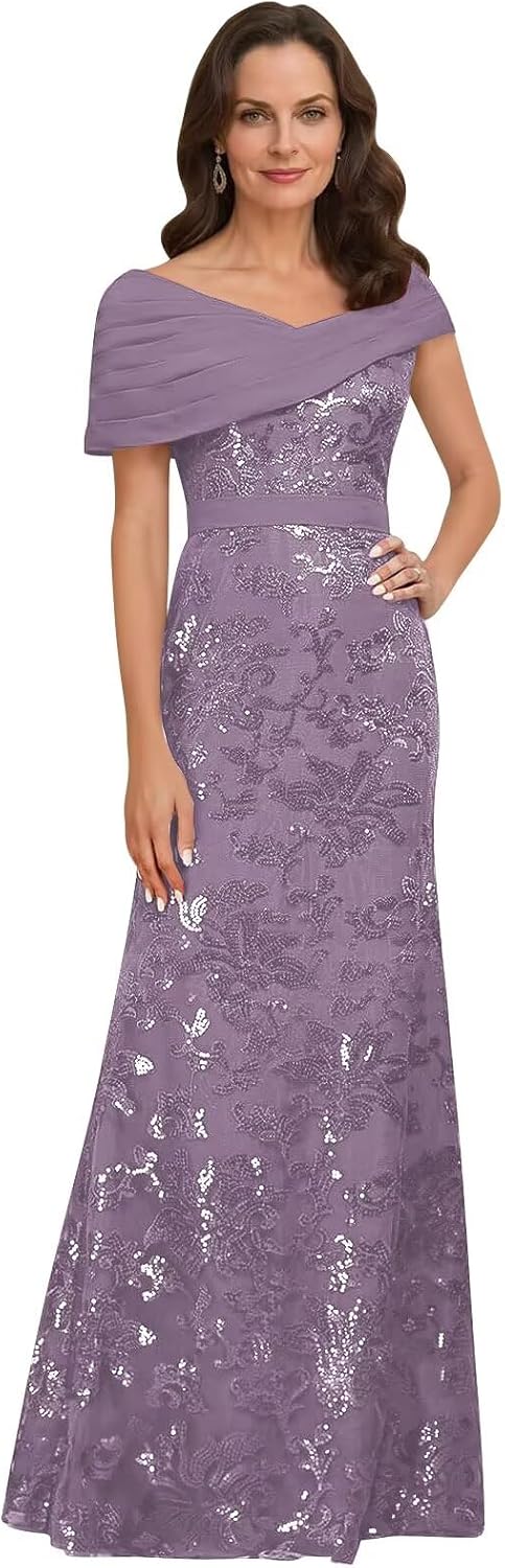 Lace Sequin Mother of The Bride Dresses for Women Long Mermaid Off The Shoulder Formal Evening Dress with Sleeves