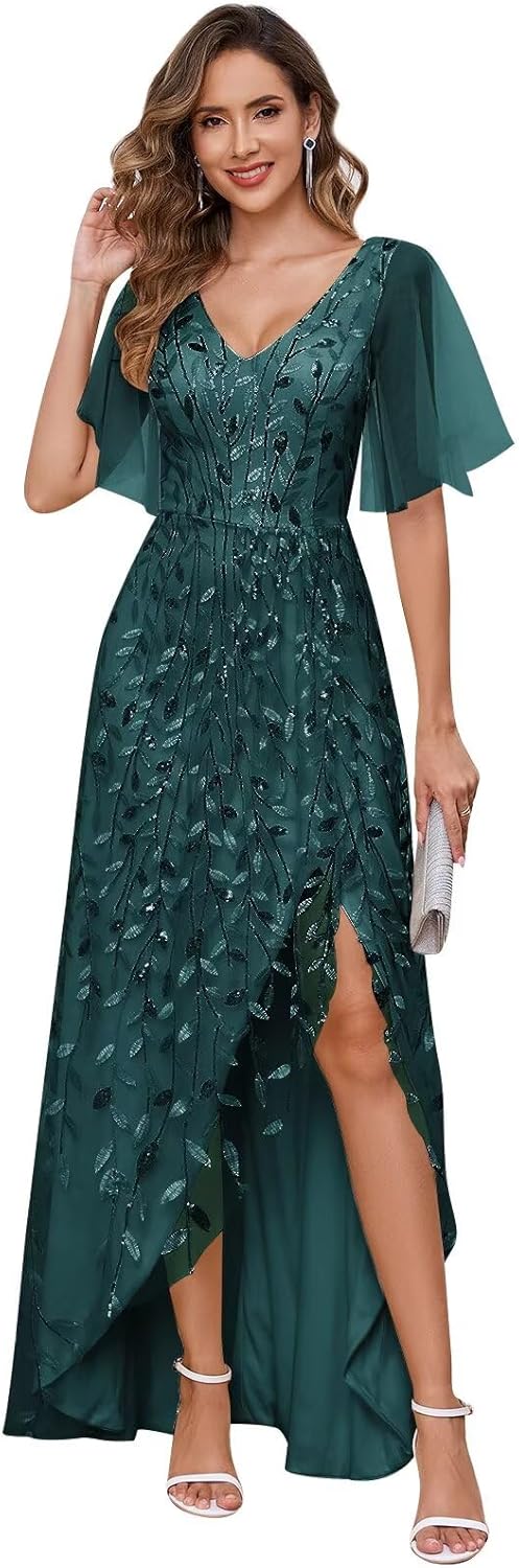 Women's Short Sleeve Mother of The Bride Dresses for Wedding Sparkly Sequin Long Formal Evening Dresses