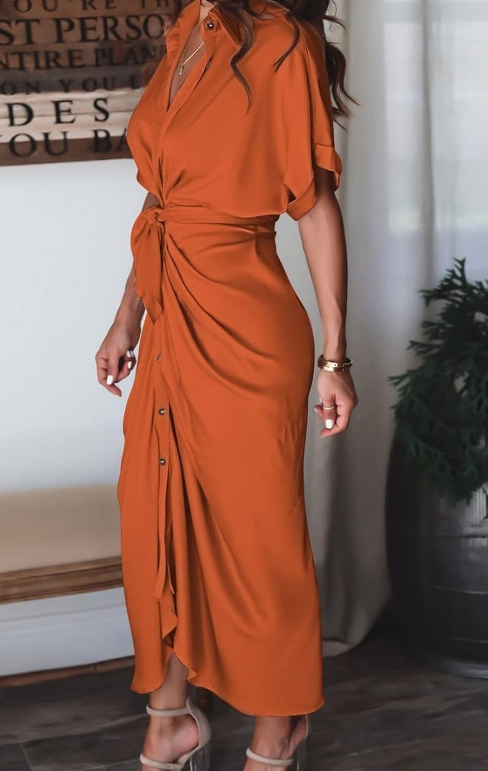 Women's Swing Classic Cute Maxi Ruched Breathable Shirt Dresses Bownot Slim Fitted Dress