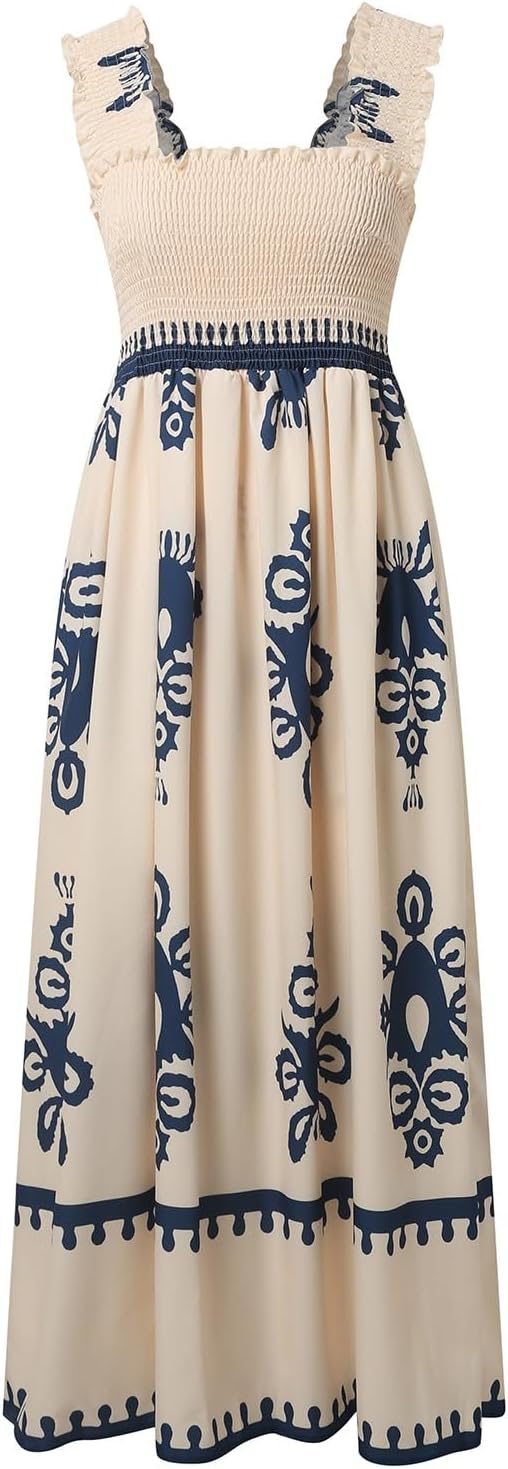 Women's Summer Dresses Sleeveless Casual Boho Maxi Long Dress Square Neck Smocked Floral Beach Vacation Sundresses 3