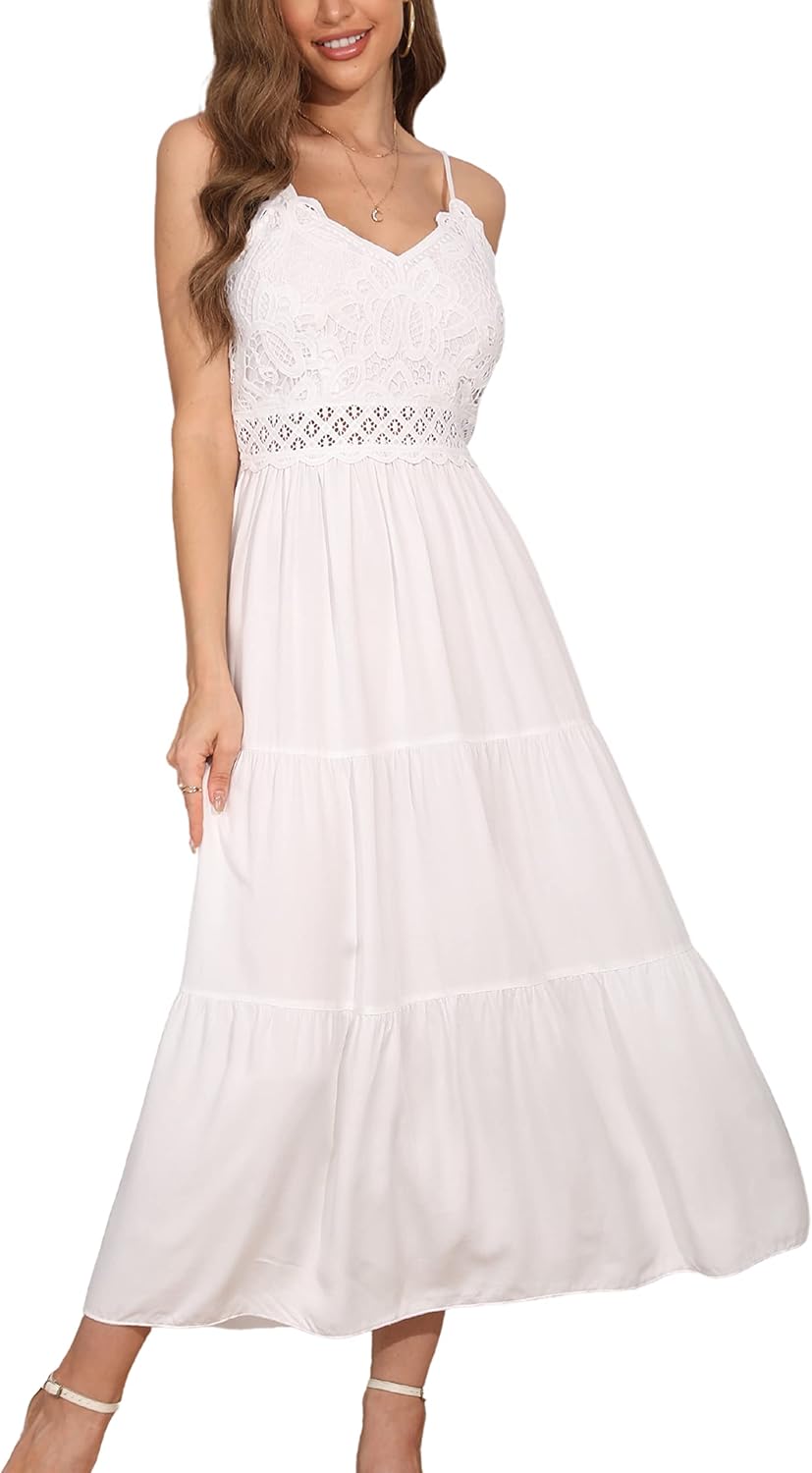 Dokuritu Women's Beach Crochet Lace Maxi Dress Solid Color Summer Vacation Spaghetti Strap Long Dress 2024