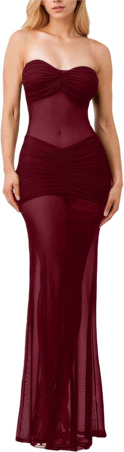 Women’s See Through Mesh Maxi Dress Sweatheart Neck Patchwork Slim Fit Night Out Seaside Long Dresses