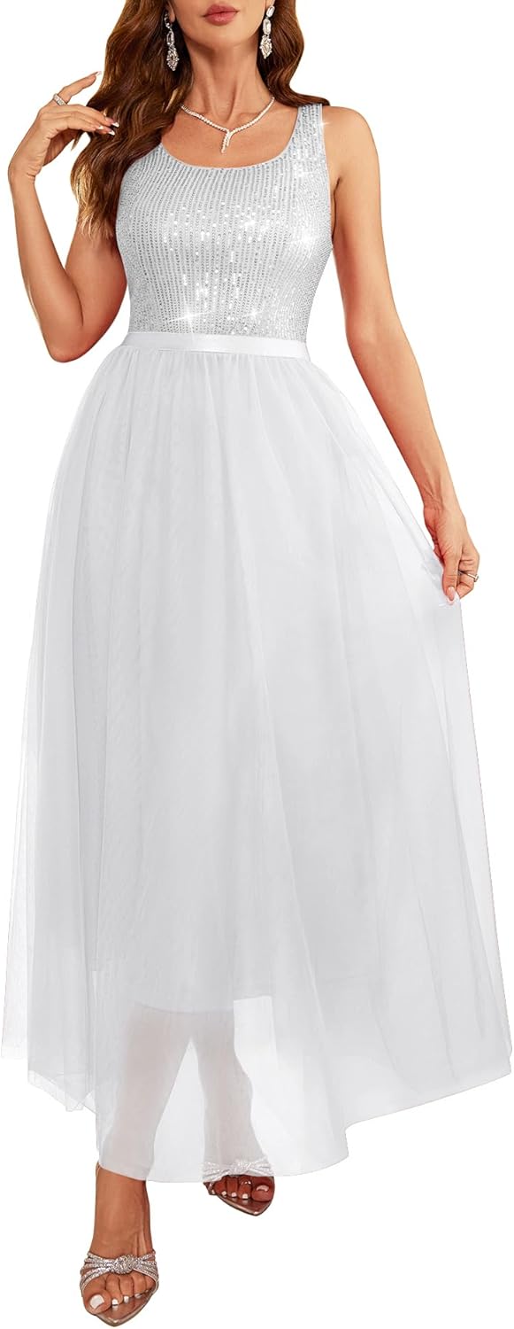 BeryLove Sequin Dress for Woman Vintage A Line Wedding Formal Swing Mesh Dress Sleeveless Cocktail Maxi Gowns