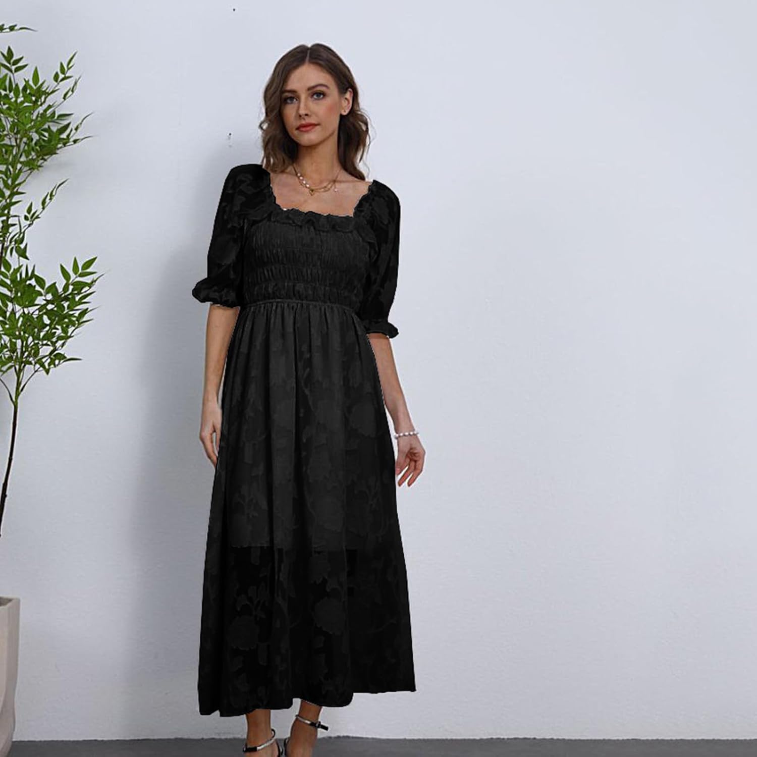 Women Floral Easter Spring Summer Dress Square Neck Chiffon Boho 2025 Maxi Long Wedding Guest Bridal Shower Dresses