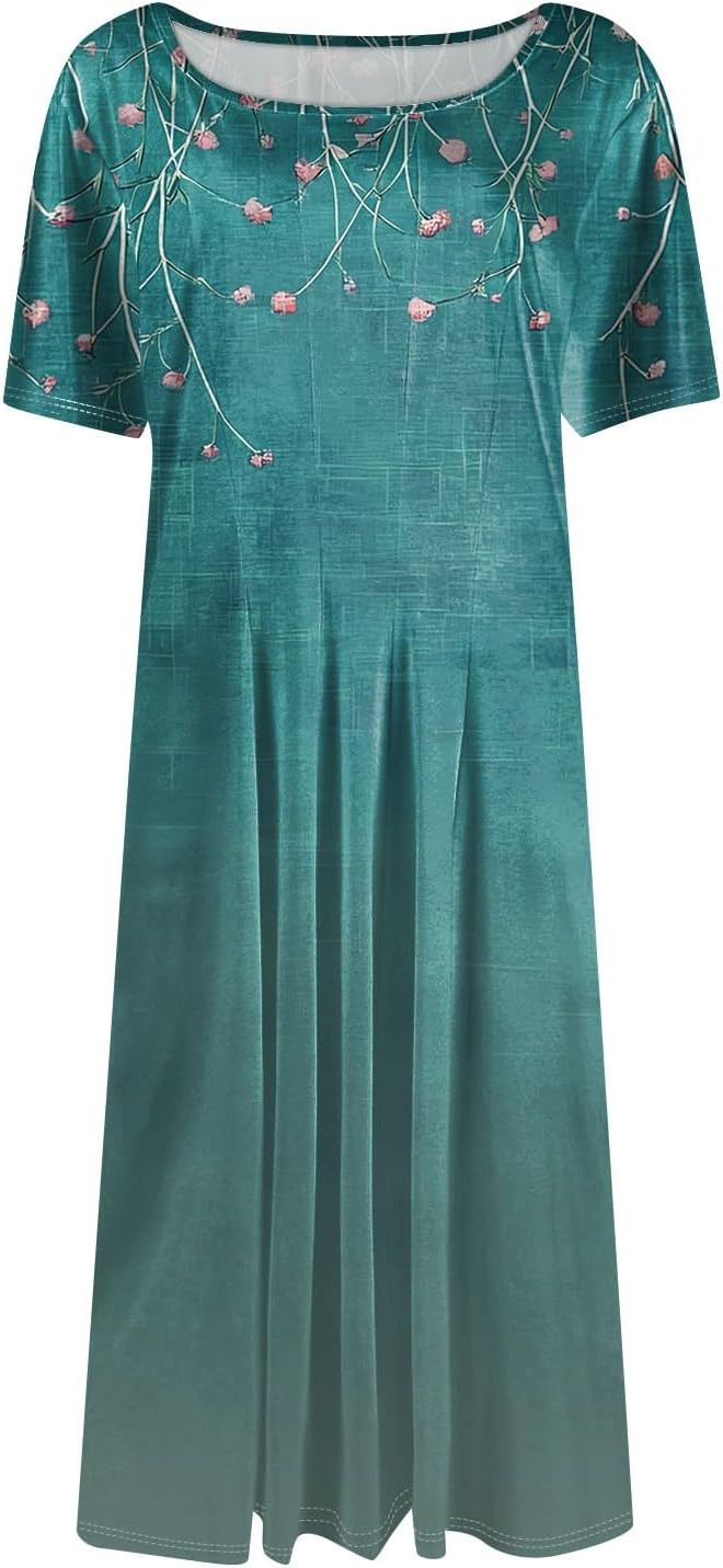 Summer Dresses for Women 2025 Crew Neck Short Sleeve Boho Beach Vacation Floral/Solid Midi Sundresses with Pockets