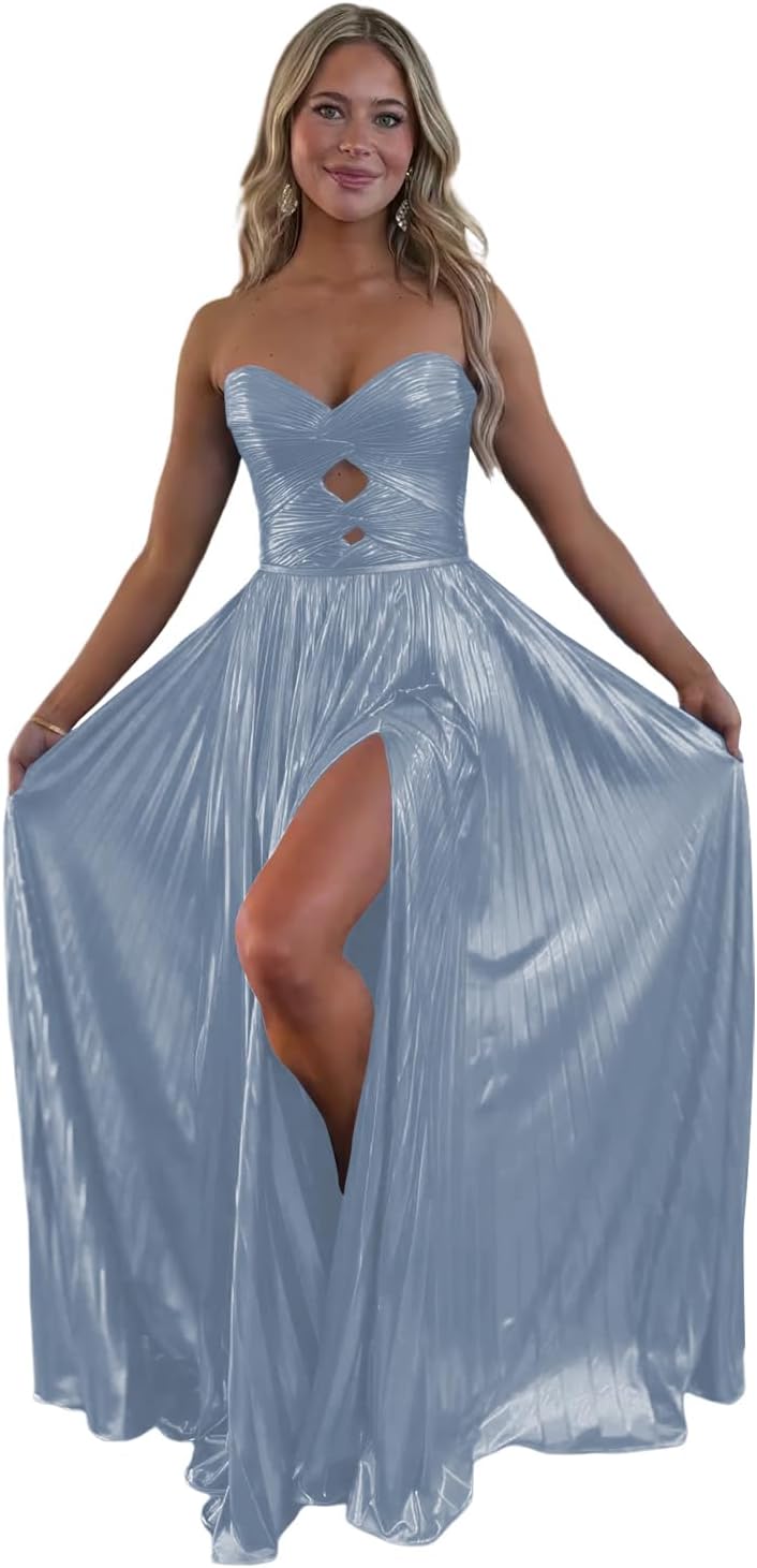 Loyeloy Sparkly Metallic Prom Dresses with Slit A Line Keyhole Satin Long Prom Ball Gowns for Women