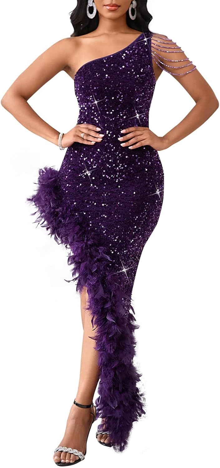 Cololura Women Sequin Elegant Sexy Tassels One Shoulder Mermaid Bodycon Cocktail Evening Midi Party Formal Dress
