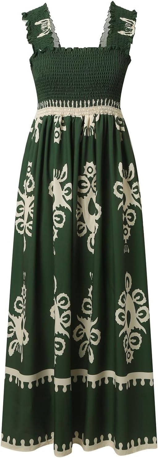 Women's Summer Dresses Sleeveless Casual Boho Maxi Long Dress Square Neck Smocked Floral Beach Vacation Sundresses 3
