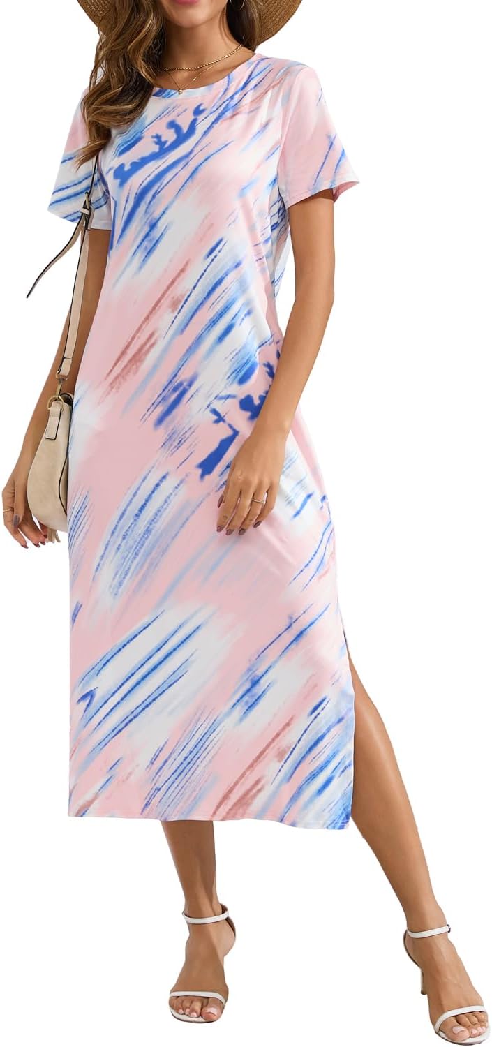 Naggoo Women's Short Sleeve Split Maxi Dress Casual Plain Tie Dye Print Tshirt Long Dresses with Pockets