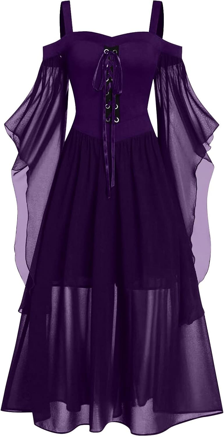 Women Casual Cold Shoulder Dress Solid Color Lace Butterfly Sleeve Halloween Retro Cocktail Party Gothic Prom Dress