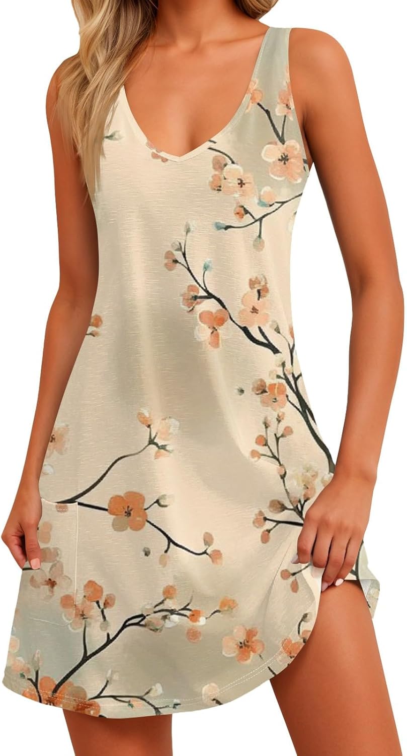 Women's Sleeveless Floral Print Summer Dress Casual V-Neck A-Line Mini Dress for Beach Party and Daily Wear