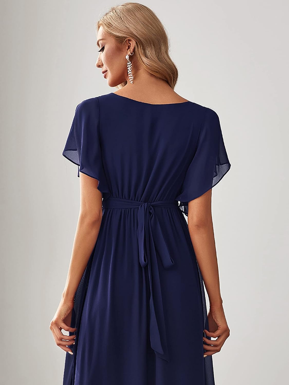 Ever-Pretty Women's Bridesmaid Dress V-Neck Ruffle Sleeves Ruched Bust Floor Length Chiffon Formal Dresses 0164A