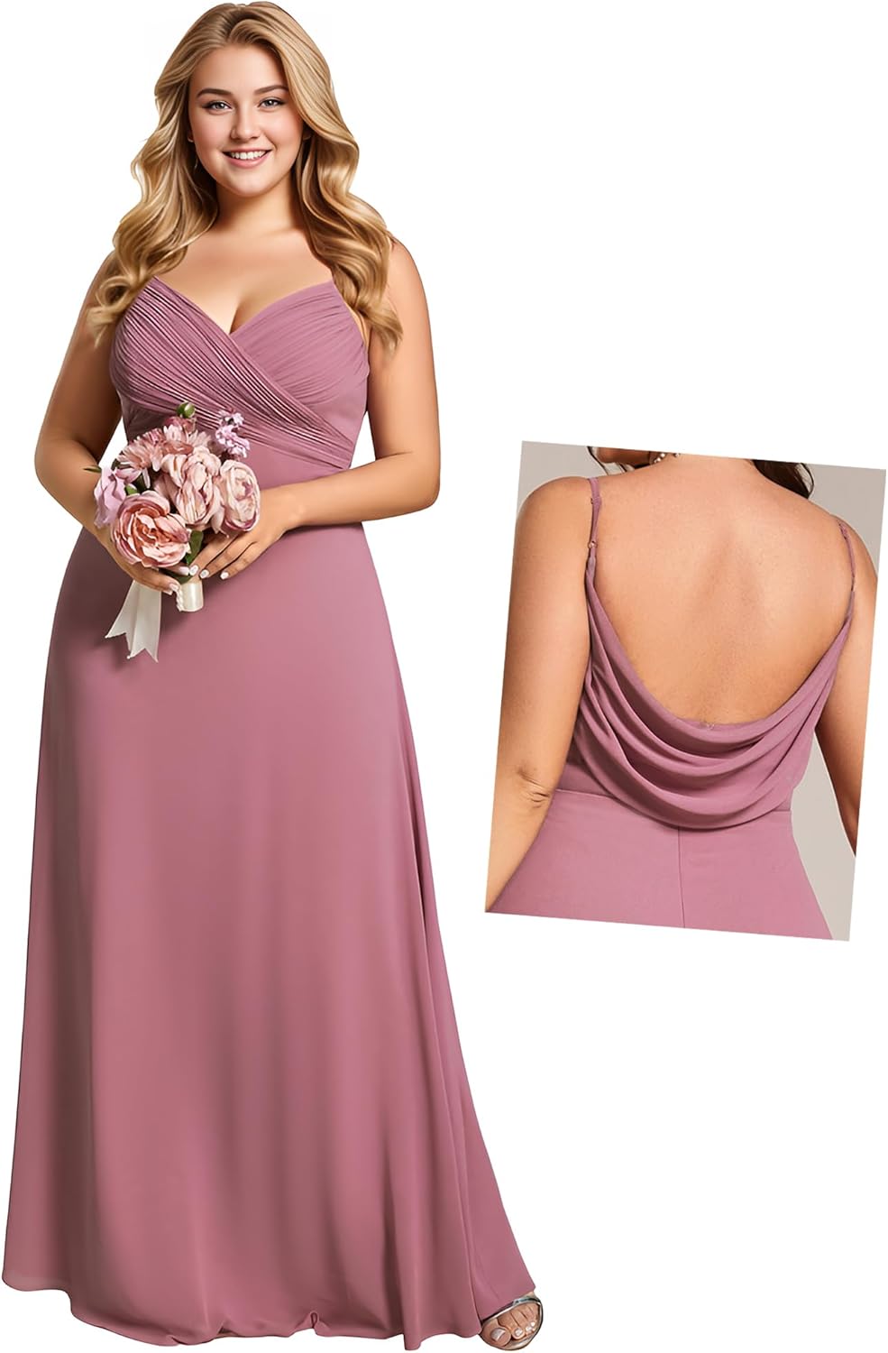 Ever-Pretty Women's Summer Chiffon Pleated Plus Size Bridesmaid Dresses Sleeveless Formal Gown with Spaghetti Straps
