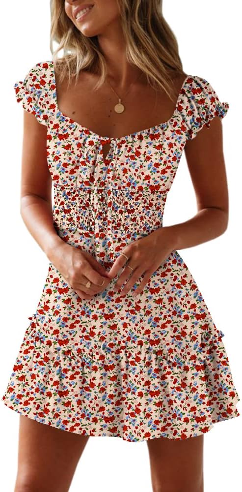 YOBECHO Women's Summer Ruffle Sleeve Sweetheart Neckline Printing Dress Mini Dress