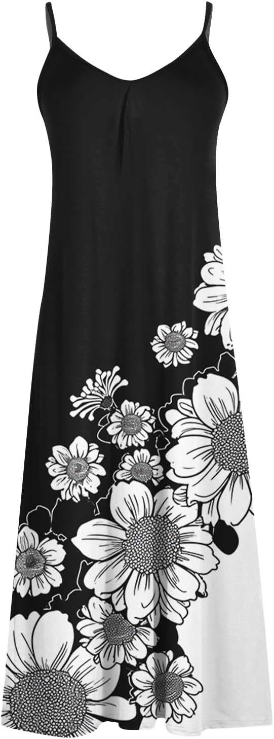 Womens Floral Maxi Dresses Spaghetti Strap Casual Summer Long Dress Vneck Flowy Boho Beach Sundress Vacation Outfits