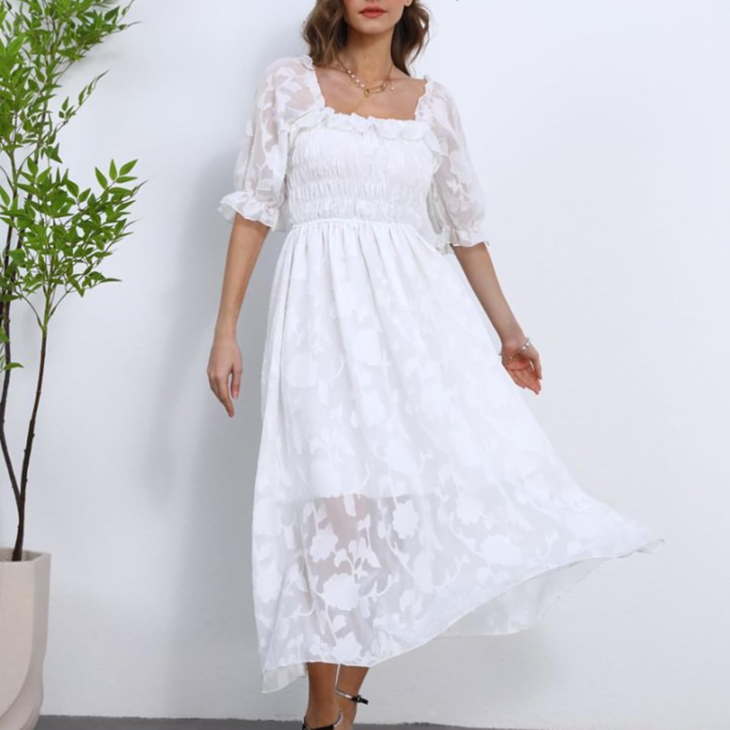 Women Floral Easter Spring Summer Dress Square Neck Chiffon Boho 2025 Maxi Long Wedding Guest Bridal Shower Dresses