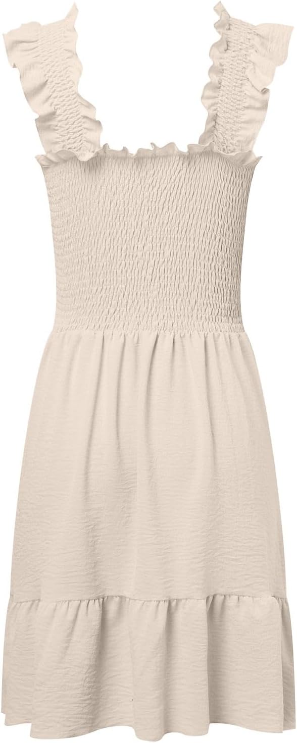Women Summer Casual Sleeveless Square Neck Smocked Ruffle Backless Boho Mini Dress Flowy Beach Cute Swing Dress