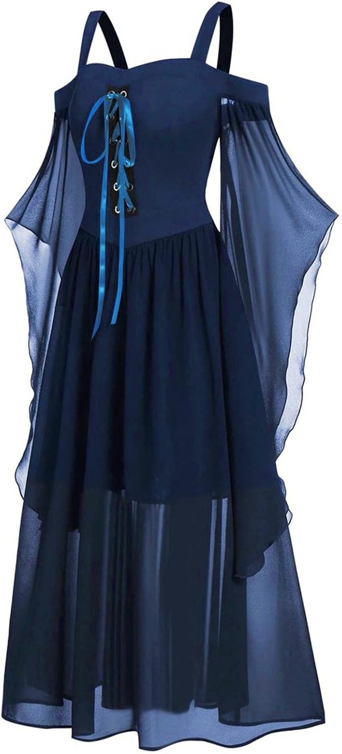 Women Casual Cold Shoulder Dress Solid Color Lace Butterfly Sleeve Halloween Retro Cocktail Party Gothic Prom Dress
