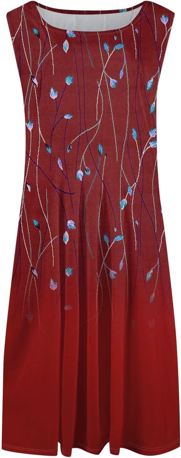Womens Tank Sundress 2025 Casual Floral Print Tshirt Dress Swing Sleeveless Midi Dress Crewneck Pleated Summer Dresses
