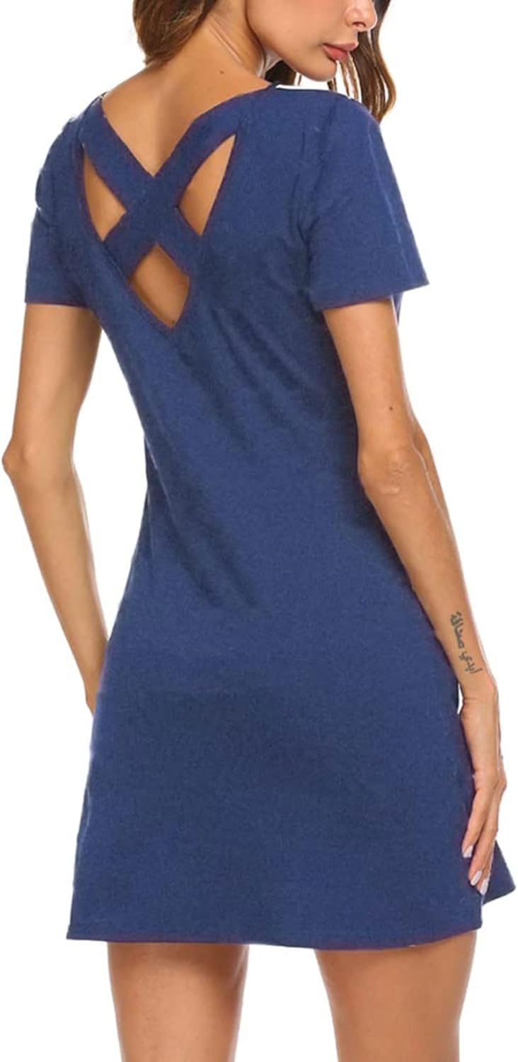 Feager Women's Casual Striped Criss Cross Short Sleeve T Shirt Dress