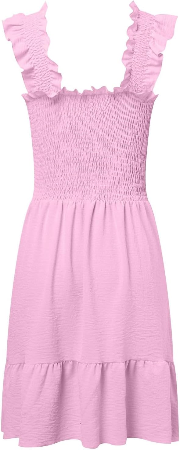 Women Summer Casual Sleeveless Square Neck Smocked Ruffle Backless Boho Mini Dress Flowy Beach Cute Swing Dress