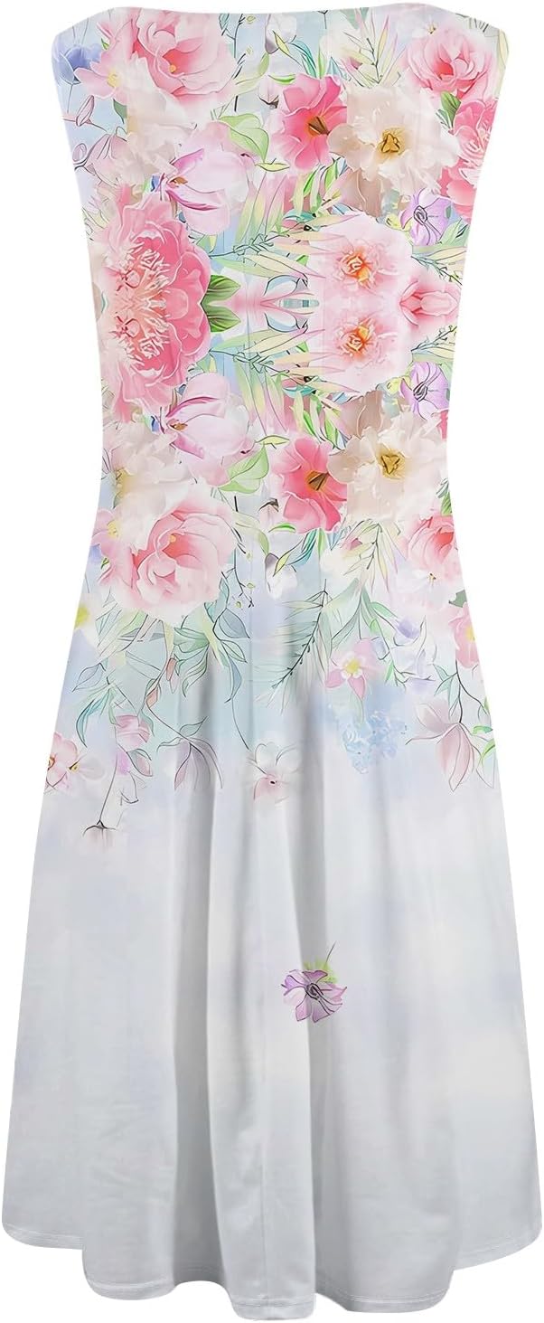 Womens Tank Sundress 2025 Casual Floral Print Tshirt Dress Swing Sleeveless Midi Dress Crewneck Pleated Summer Dresses