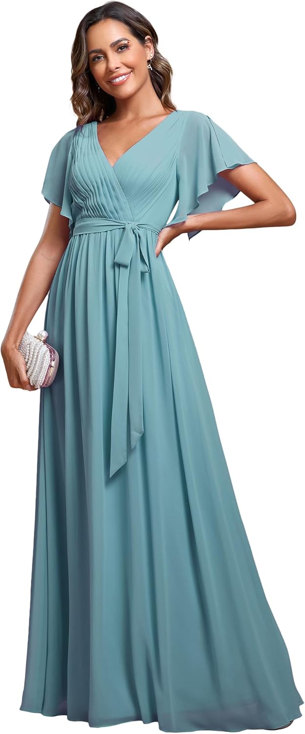 Ever-Pretty Women's Bridesmaid Dress V-Neck Ruffle Sleeves Ruched Bust Floor Length Chiffon Formal Dresses 0164A
