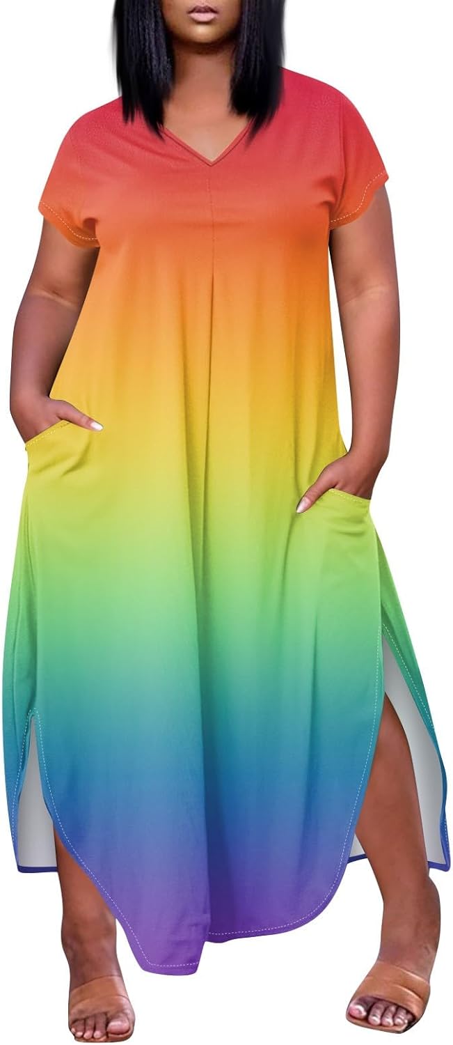 Maxi Dresses for Women 2025 Plus Size Tie Dye V Neck Dress Short Sleeve Side Split Beach Summer Sundress with Pocket