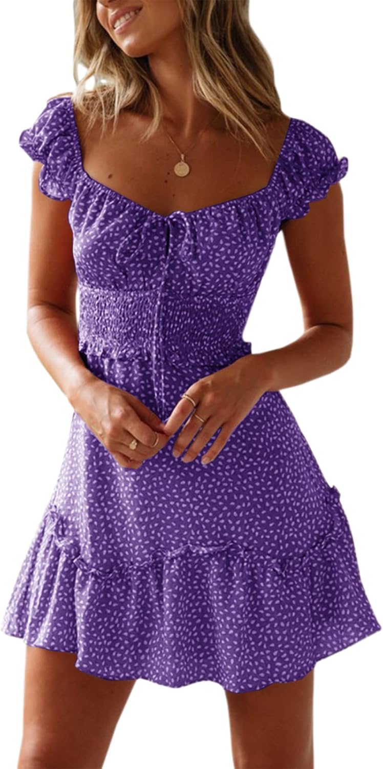 YOBECHO Women's Summer Ruffle Sleeve Sweetheart Neckline Printing Dress Mini Dress