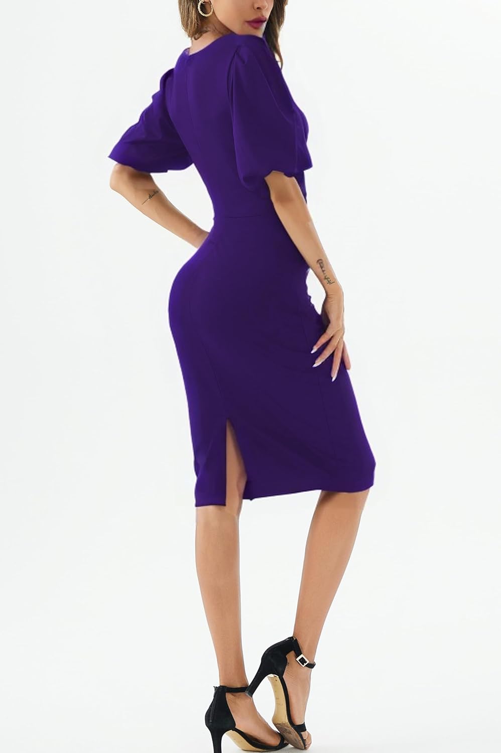 Womens Summer Dresses Square Neck Lantern Sleeve Bodycon Pencil Midi Dress